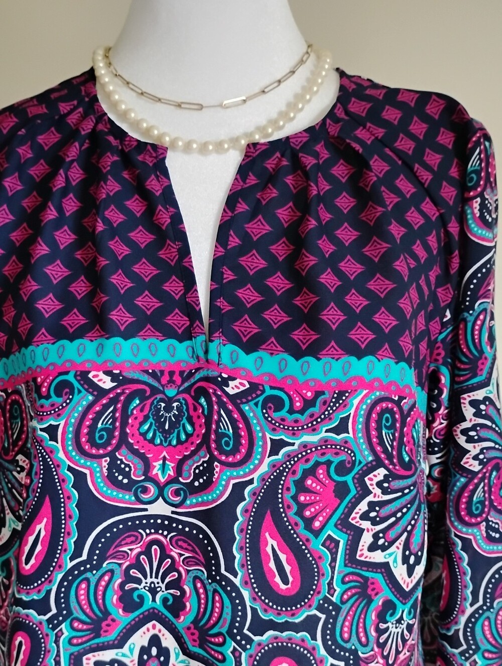 Hatley Popover Style Top Floral Paisley Navy Blue Pink Turquoise Boho Sz Small
